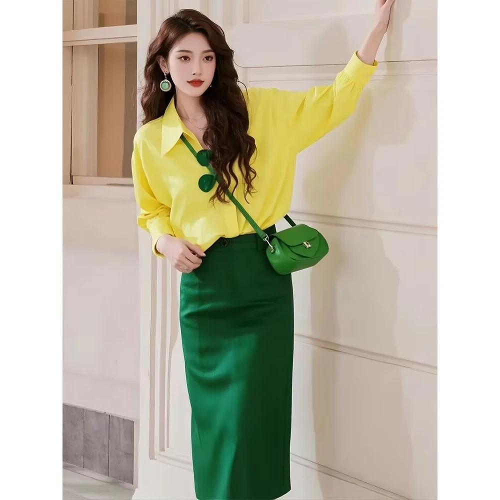 秋季穿搭一整套2025新款小众独特别致气质高级感黄色衬衫套装裙女
