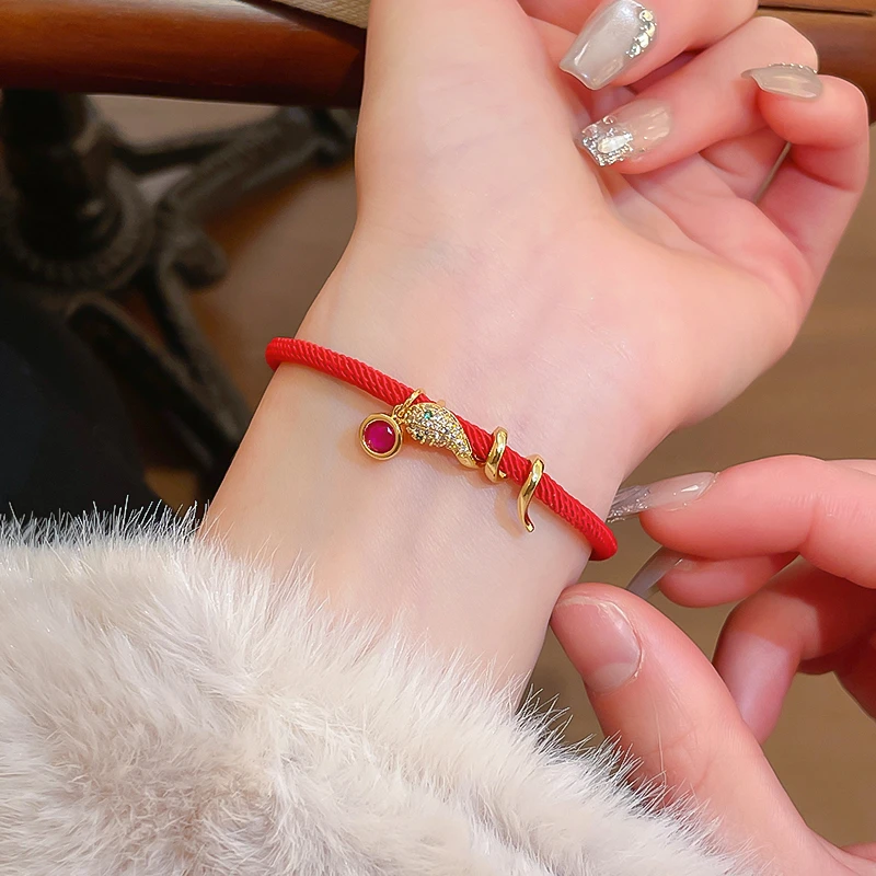 铜合金锆石手链 2025蛇年本命年手链编织红绳手环小灵蛇手饰配饰
