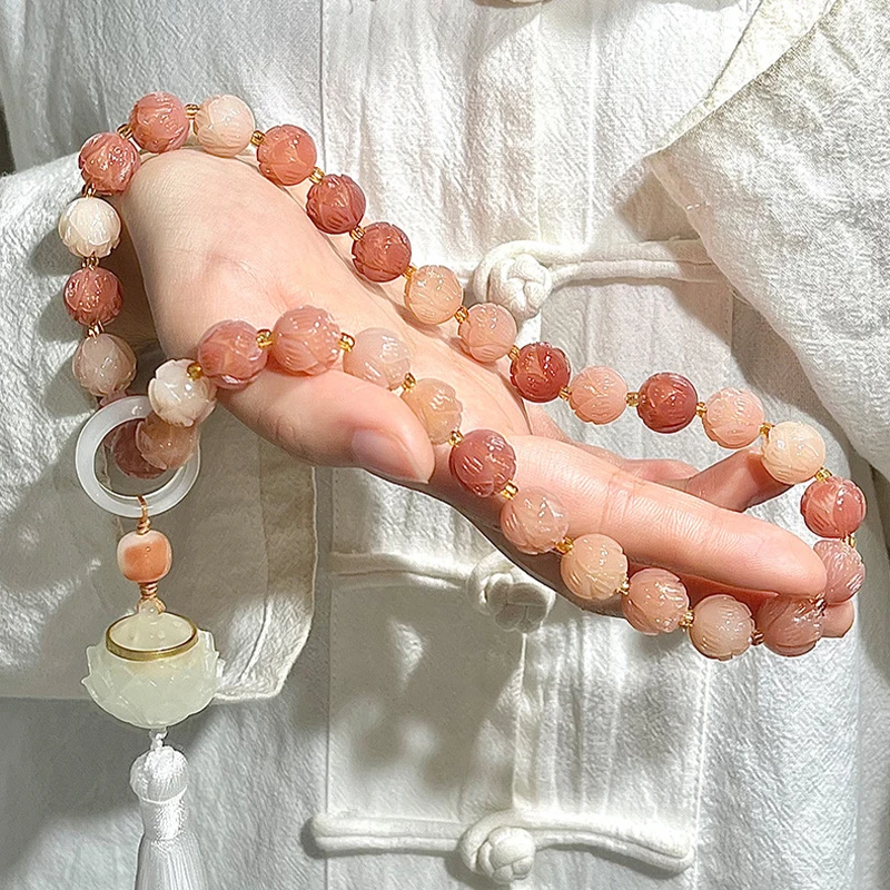 桃花莲莲有钱花白玉菩提根双圈跑环手持手串雕刻莲花香囊车挂挂件