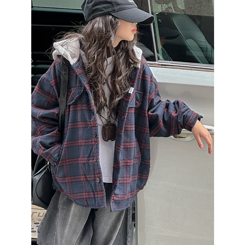 K27434韩系女童格子外套2025春装新款儿童连帽上衣洋气衬衫春秋款