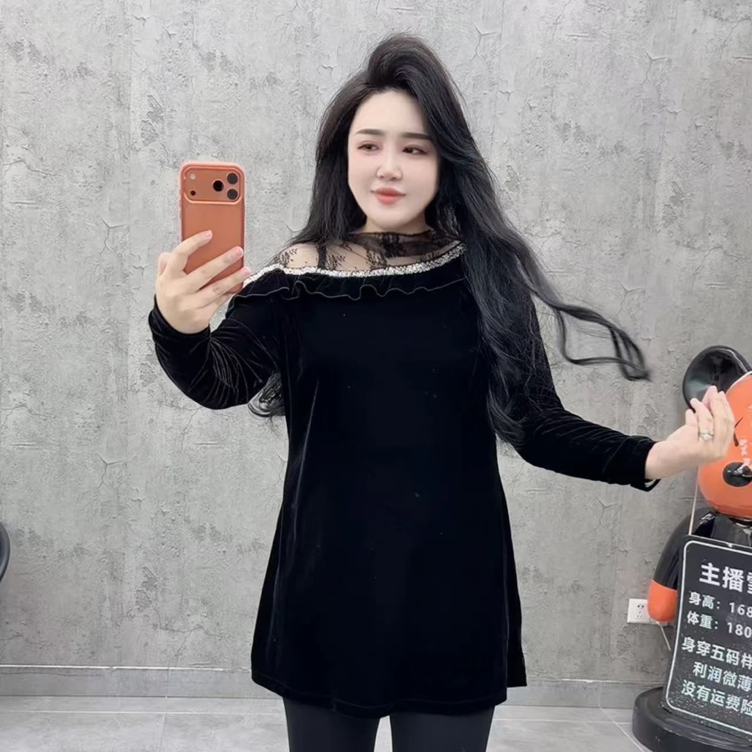 时尚百搭网纱拼接丝绒钻打底连衣裙