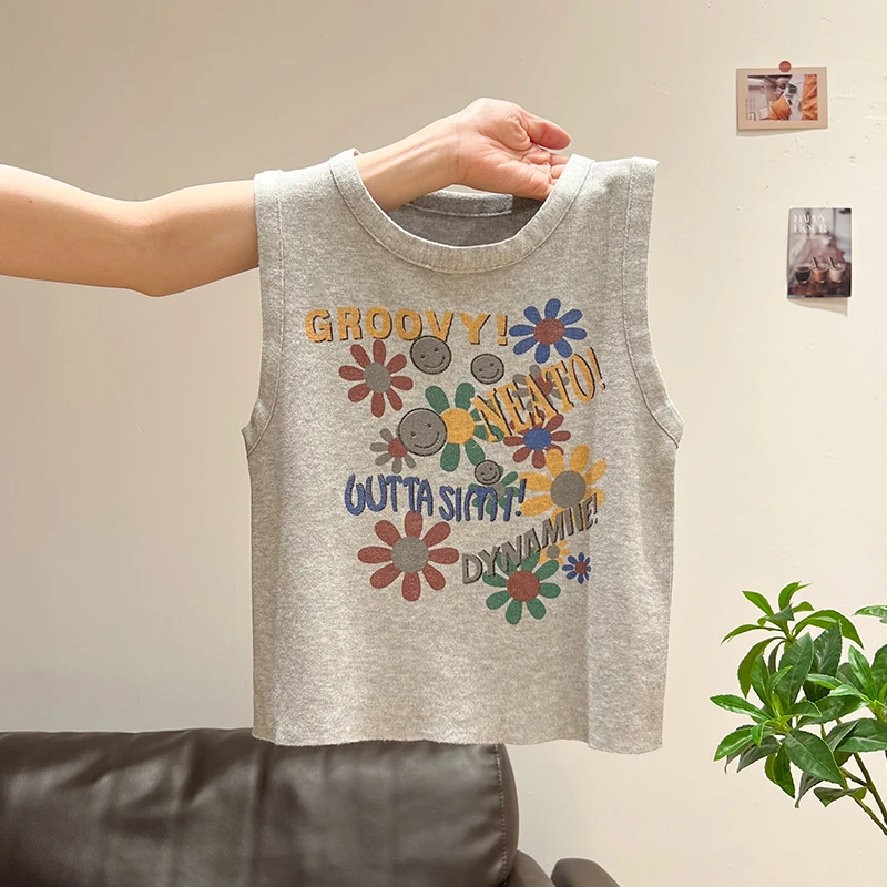 甜酷印花针织工字背心女2025夏季小个子修身显瘦多巴胺无袖小上衣