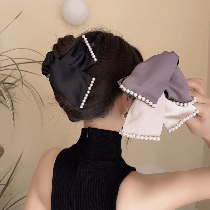 ins小饰品法式复古钉珍珠蝴蝶结马尾抓夹缎面珍珠蝴蝶结珍珠抓夹