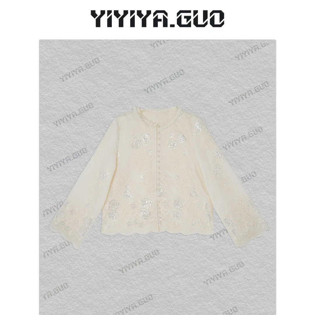 yiyiya.Guo艺艺吖【微光闪动】刺绣圆领亮片长袖法式上衣25SS0340