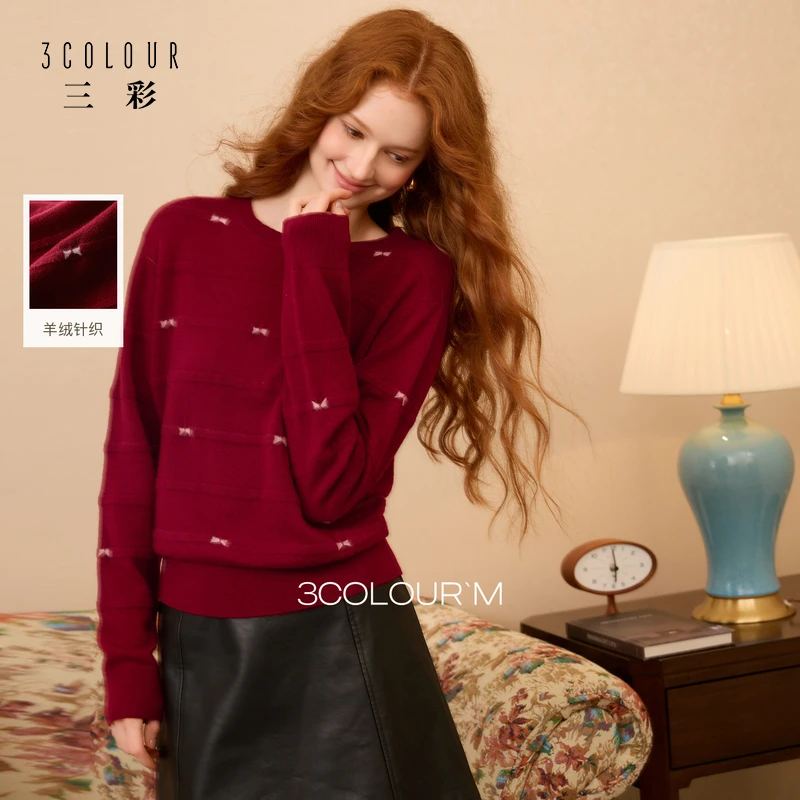三彩2025冬季新款蝴蝶结针织衫长袖套头圆领M