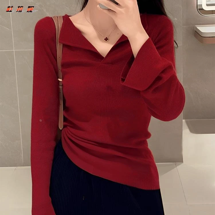 杜拉妮法式安哥拉红羊毛衫女士初秋内搭修身气质V领针织打底衫ins