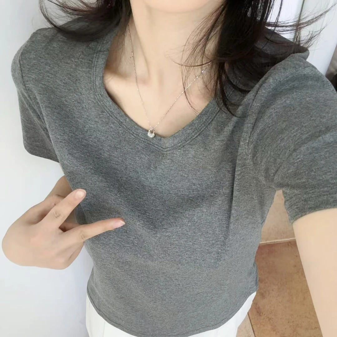 2025新款女士夏季修身纯色U领显瘦百搭T简约短袖T恤