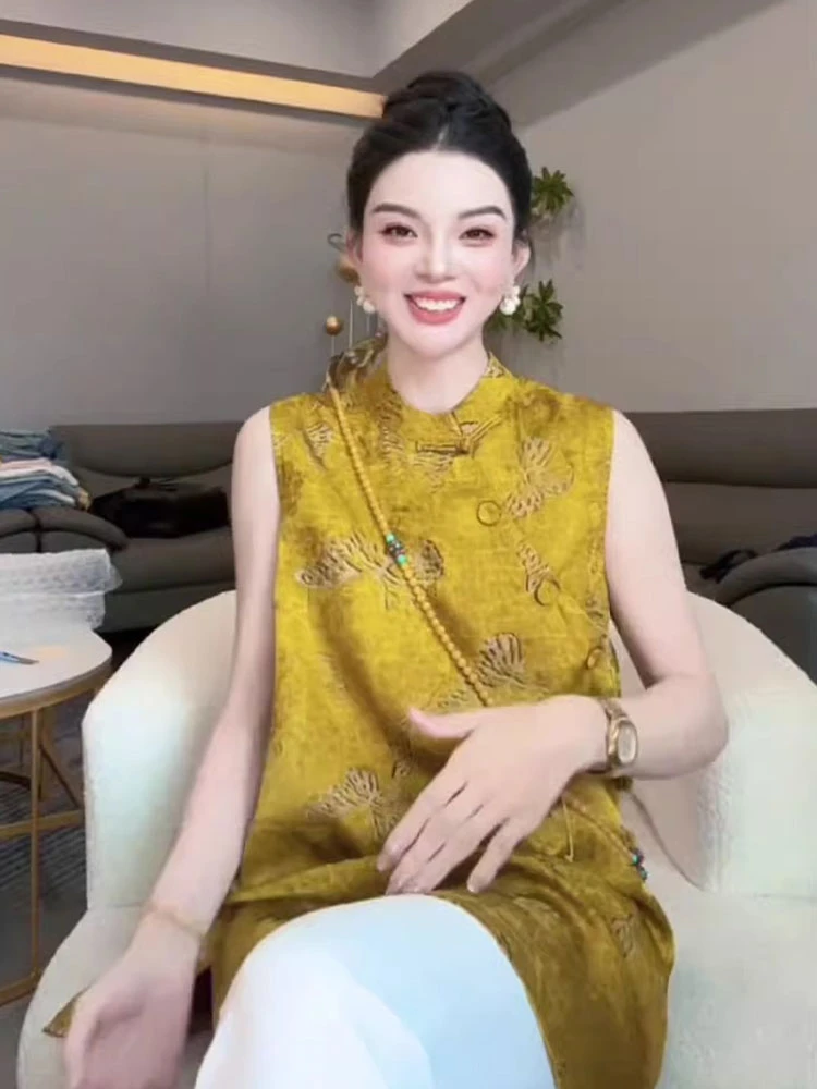 夏季新款新中式国风无袖香云纱上衣女复古网红中长款改良旗袍裙女