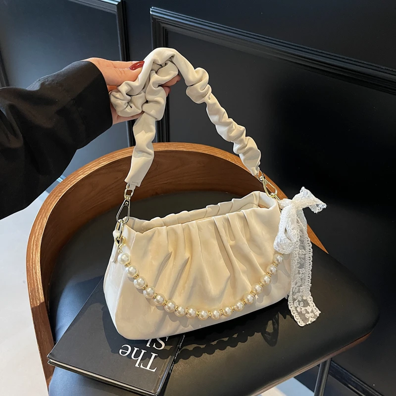 带丝巾褶皱包女2025新款单肩包珍珠链条腋下包休闲百搭斜挎包1081