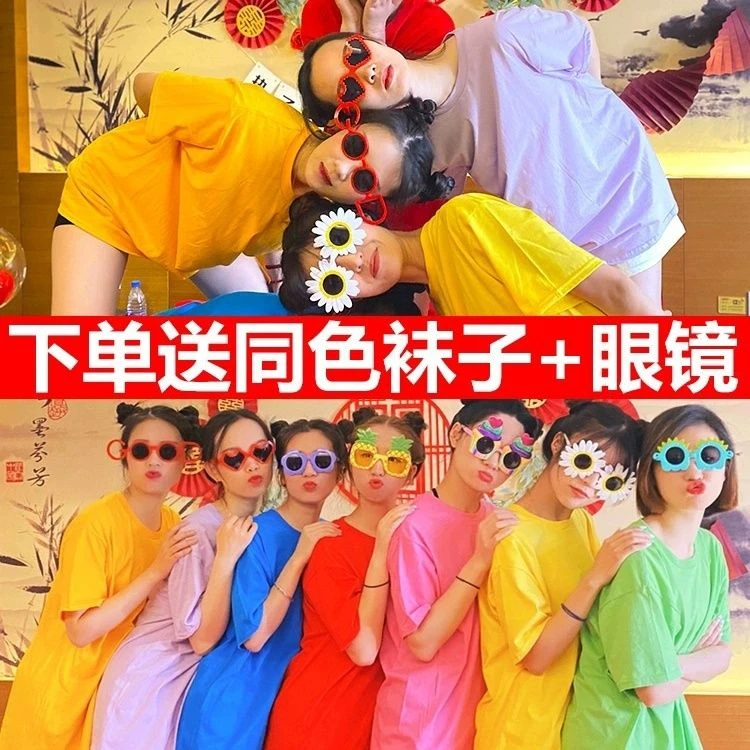 纯棉体恤2024夏季伴娘服糖果色彩色姐妹短袖宽松T恤女闺蜜装上衣