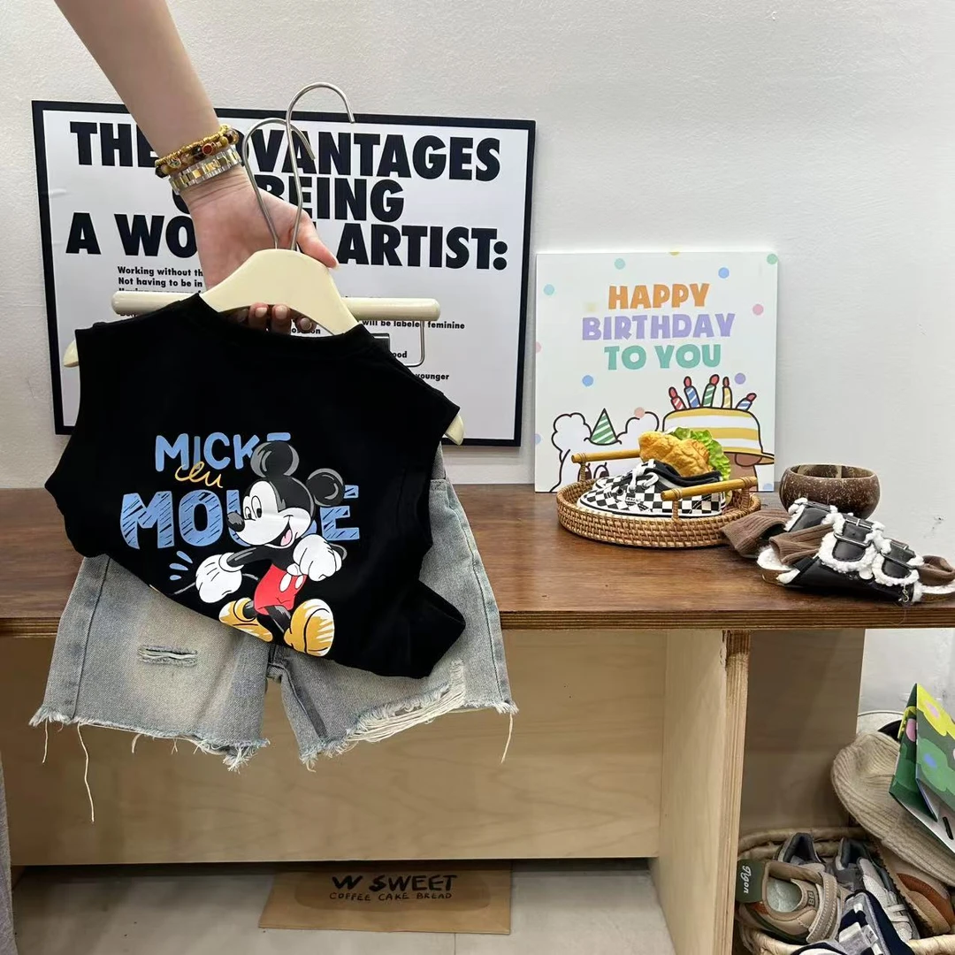 男童夏季套装2025新款儿童背心卡通宝宝夏装韩版牛仔短裤两件套