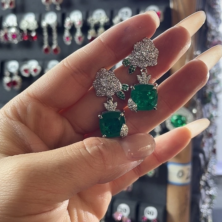 耳饰银S925镶嵌祖母绿