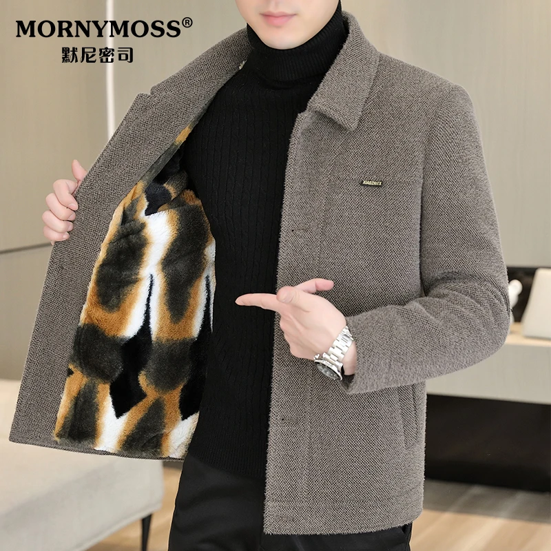 翻领加绒加厚款夹克衫男秋冬季保暖潮流休闲毛呢茄克中年爸爸外套