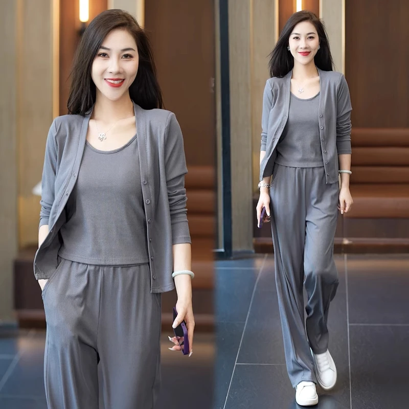 时尚休闲套装女秋季洋气减龄显瘦小个子开衫外套背心阔腿裤三件套