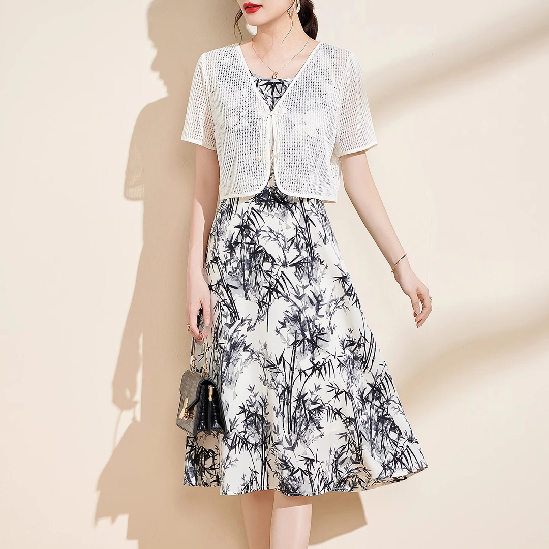 新中式复古水墨竹叶印花连衣裙女夏季2025新款国风中长裙两件套