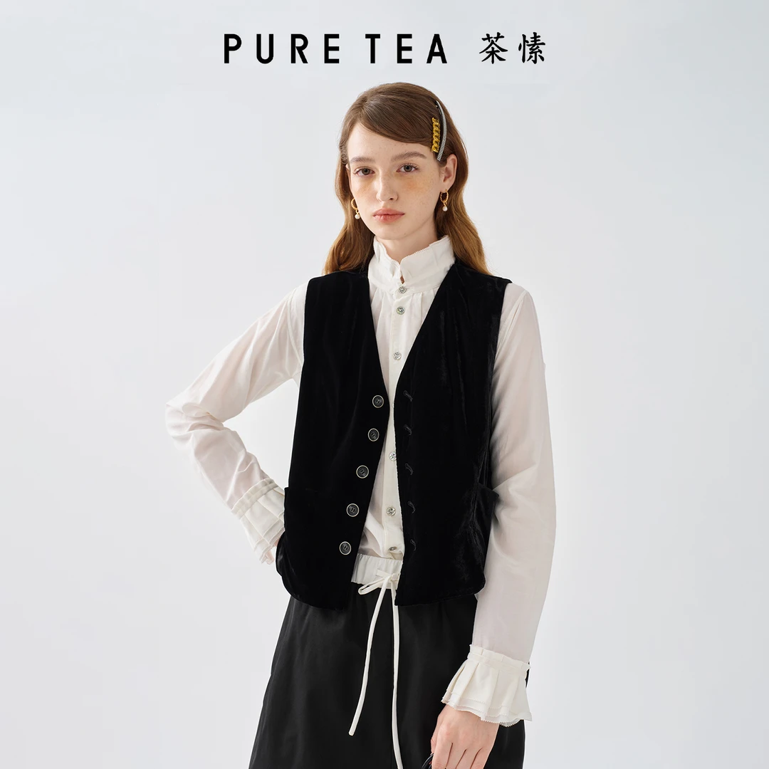 【千金衣橱】茶愫典雅平绒V领系扣开衩衣摆马甲女早秋新KV0101D31