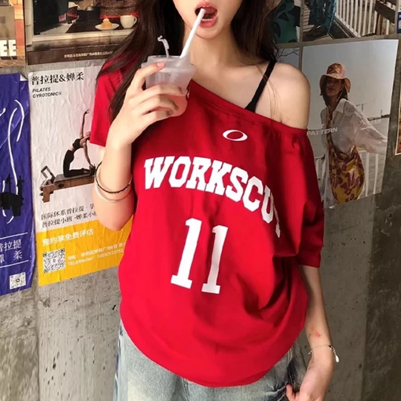 夏季大码胖MM斜肩显瘦宽松红色短袖上衣女辣妹百搭T恤