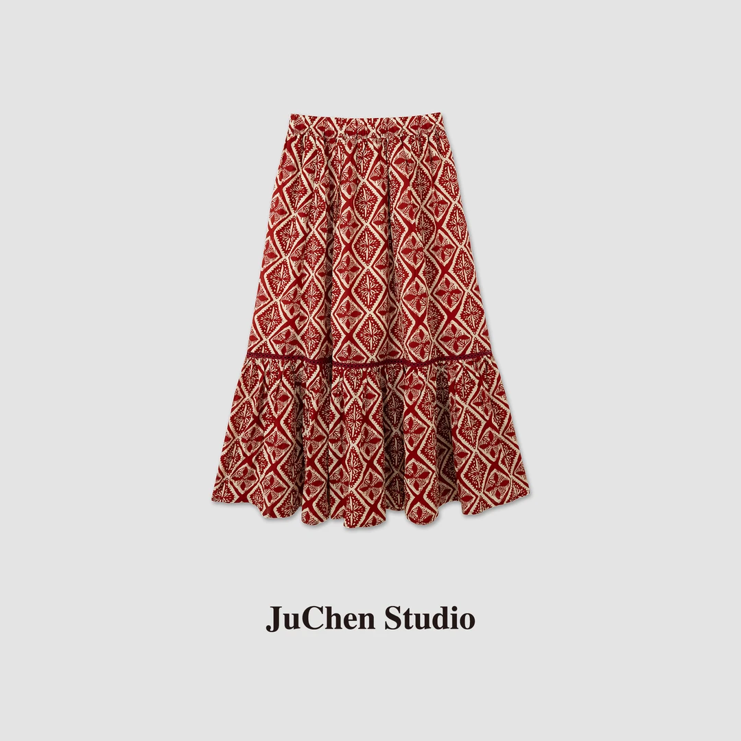 “红花棱镜”波西米亚菱格印花天丝大A摆松紧腰半身裙 SS206019-16