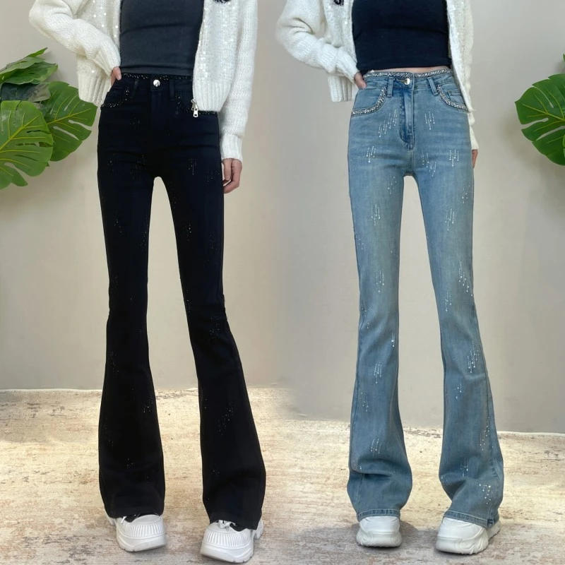 迪否时尚镶钻微喇牛仔裤2025春夏新款爆款修身显瘦喇叭裤6015