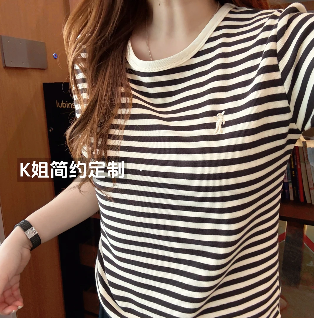 GTNER"KK定制"小兔刺绣条纹短袖T恤夏季宽松显瘦圆领上衣D1864