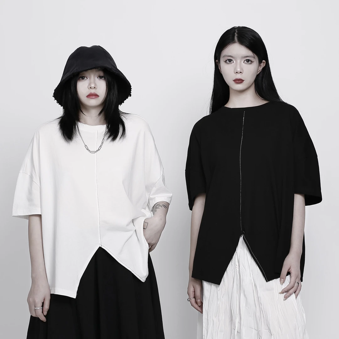 不规则开叉设计感短袖T恤宽松圆领半袖上衣夏季百搭纯色大码休闲