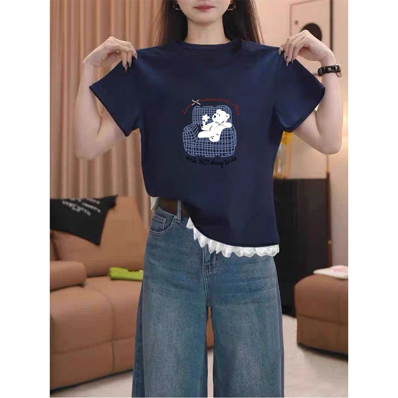 2025夏季新款正肩圆领优质短袖t恤女花边小众设计感时尚洋气上衣