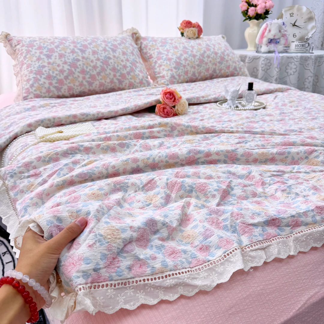 夏凉被四件套A类皱皱双层纱花边款夏季空调被软夏被夏季床品套件