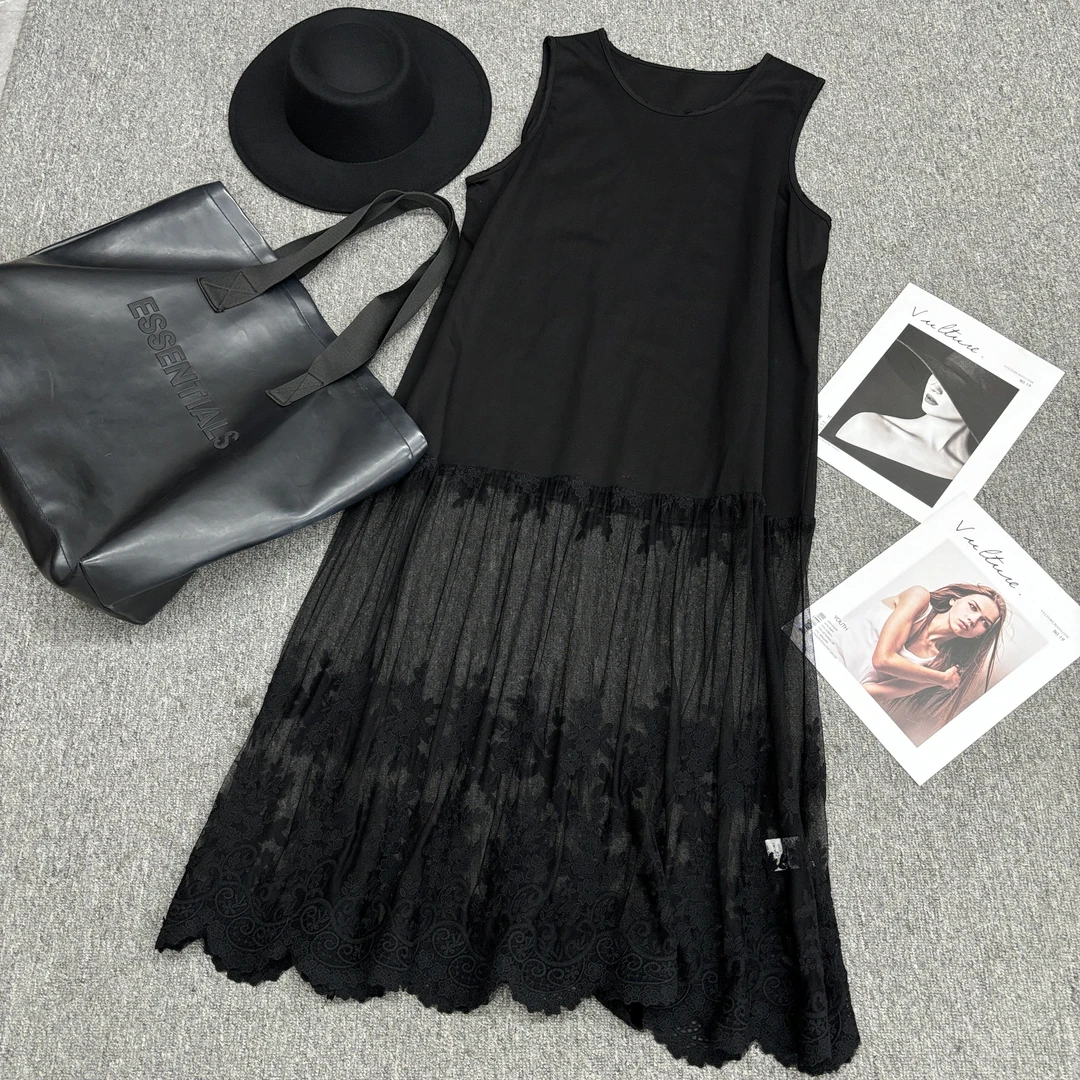 S0268欧货潮牌定制款做旧拼接蕾丝砍袖连体长裙