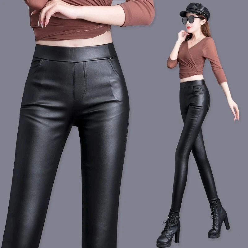 高档洋气松紧腰亚光加绒皮裤女高腰秋冬新款弹力pu加长外穿紧身裤