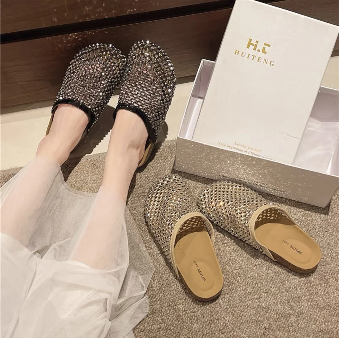 615 爆款厚底网面水钻包头半拖鞋女外穿2025夏季新款懒人一脚蹬