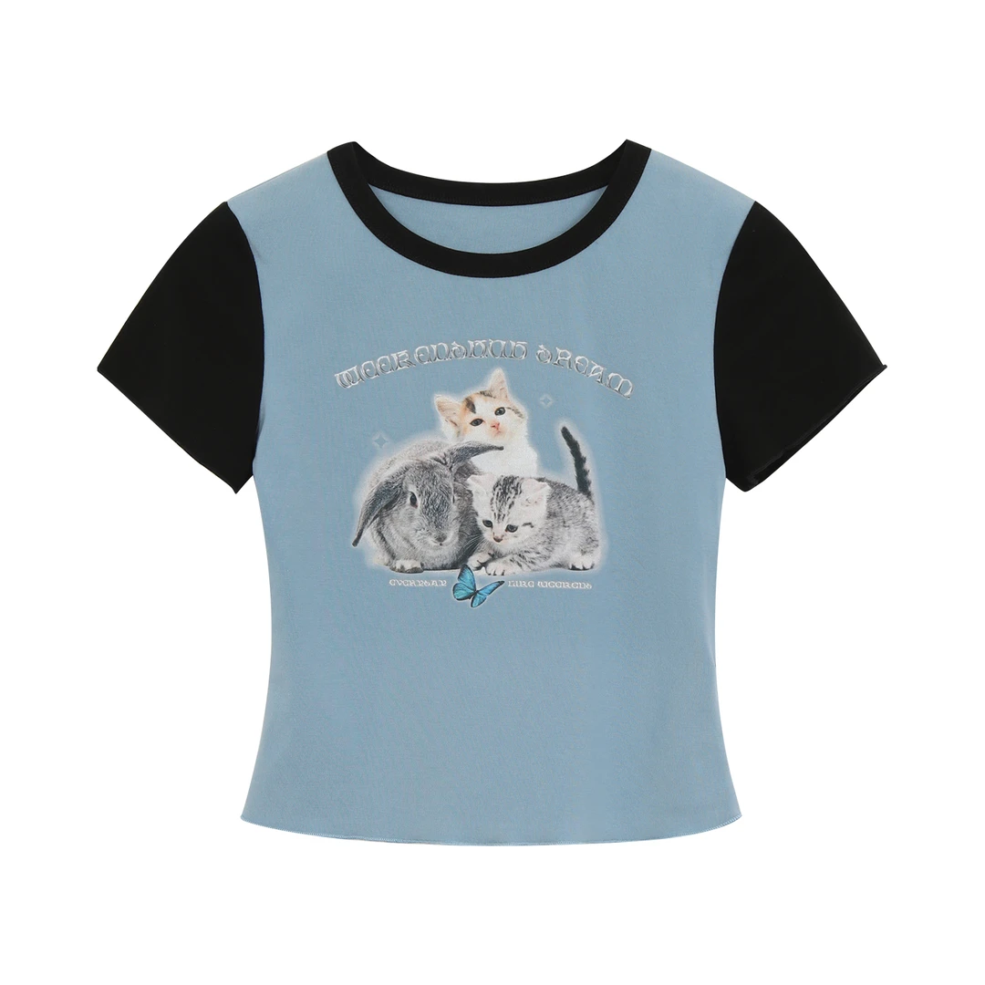 猫咪印花撞色T恤24200B0316