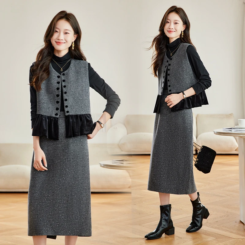 小香风气质套装裙女2025秋冬半高领打底衫粗花呢马甲半身裙三件套