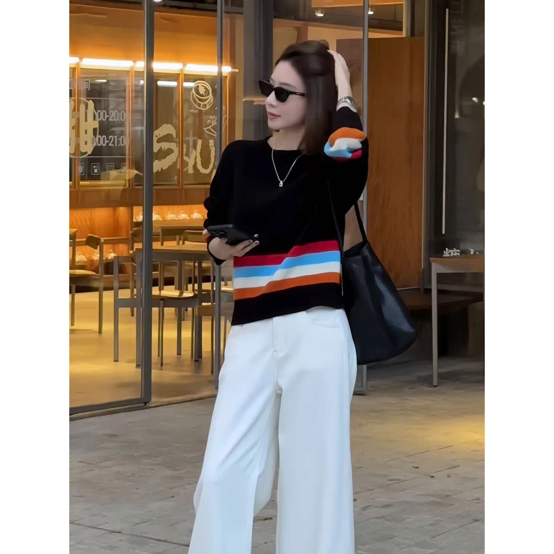 【老板周】小众撞色 秋冬新品圆领宽松洋气彩虹毛衣