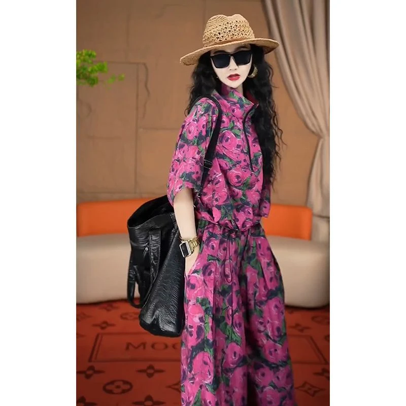 港味复古印花半拉链印花连体裤欧洲站2025夏季洋气休闲高腰裤子潮