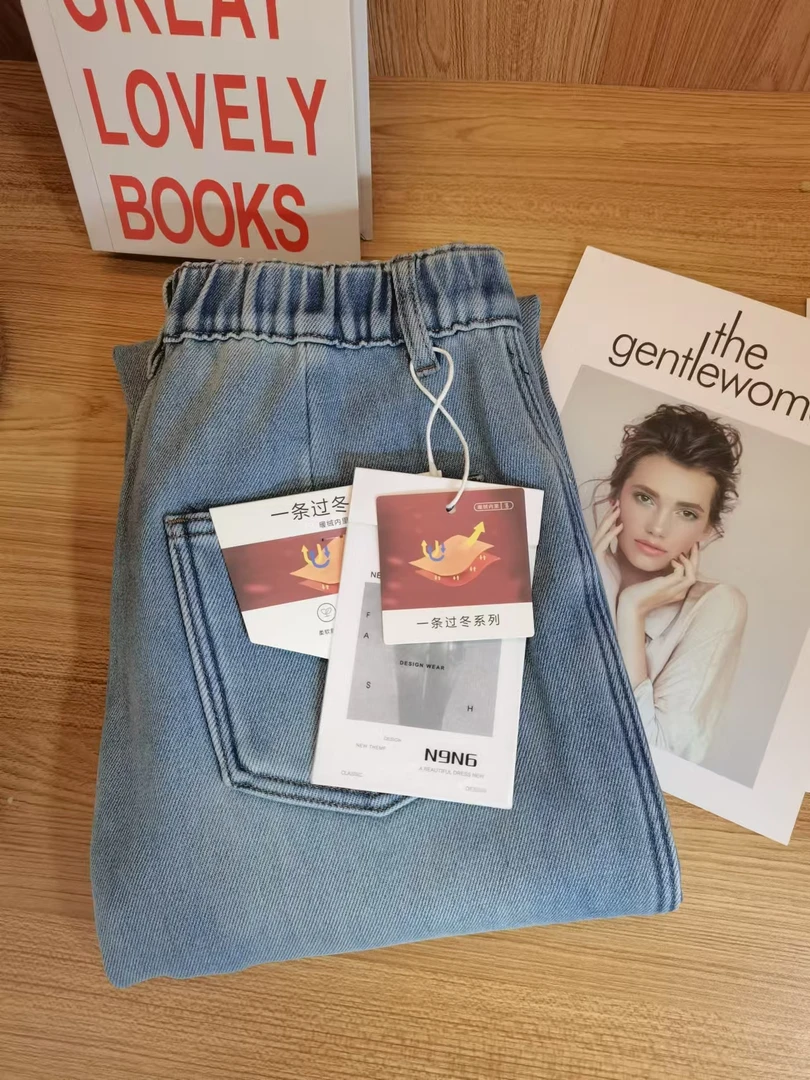 3625  浅蓝色加绒牛仔裤女冬季高腰显瘦牛仔裤