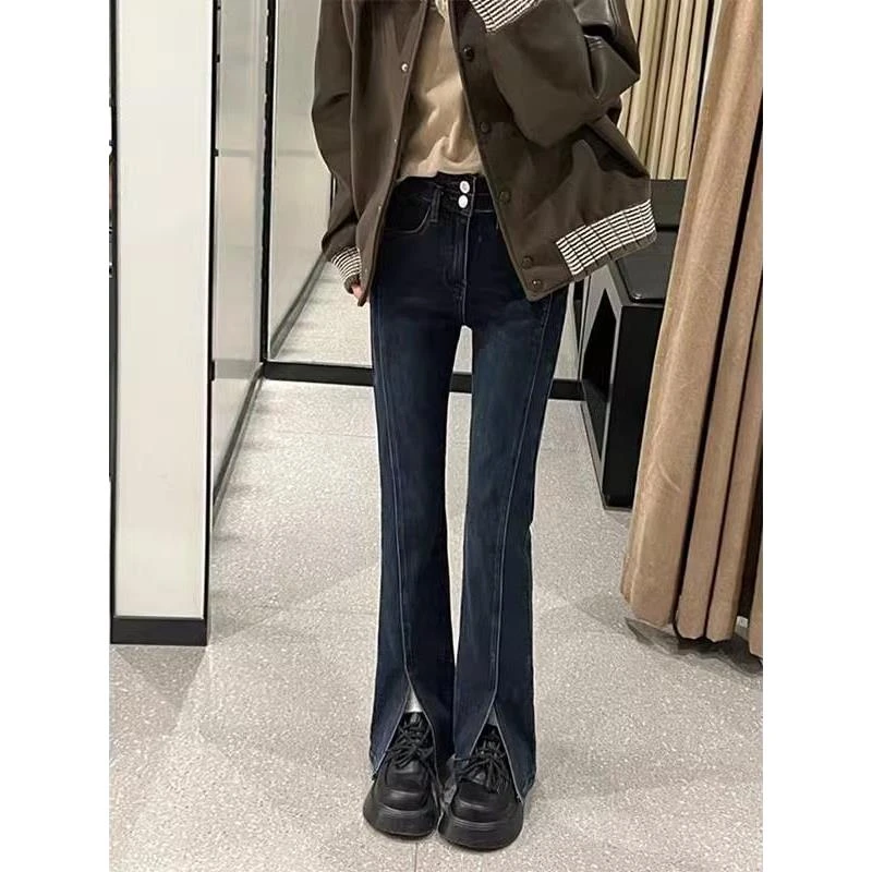 蓝灰色弹力开叉牛仔裤女直筒秋冬季显瘦大码胖mm高腰微喇阔腿裤子