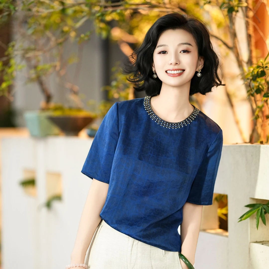 西子/【星芒缎龟】25姆米非遗香云纱桑蚕丝钉珠T恤/SYBH2136