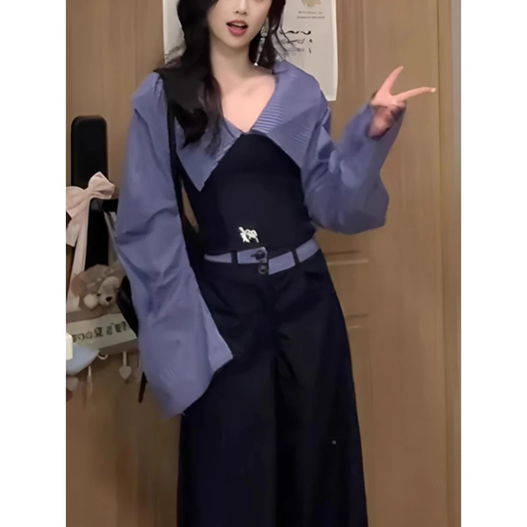 条纹牛仔韩系洋气秋季一字阔腿裤新款休闲套装女早秋春季显瘦肩