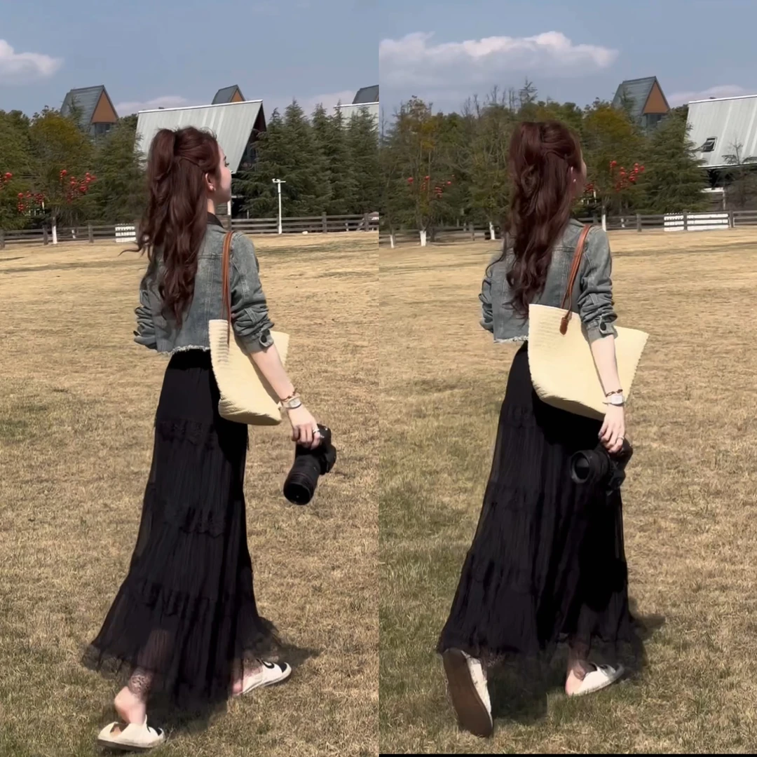 (奶油蛋糕)系带拼接蝴蝶结翻领牛仔外套VS松紧腰蕾丝网纱蛋糕裙