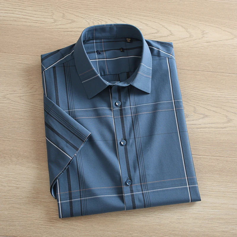 冰丝无痕撤柜男装格子男士短袖衬衫夏季薄款透气抗皱商务休闲寸衫