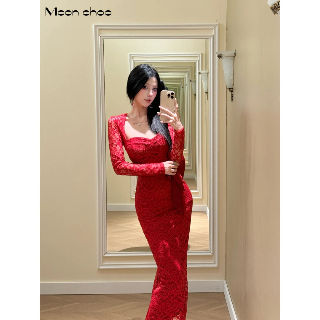 Moon 纯欲性感红色修身宴会礼服长裙女御姐风显瘦蕾丝连衣裙-M101