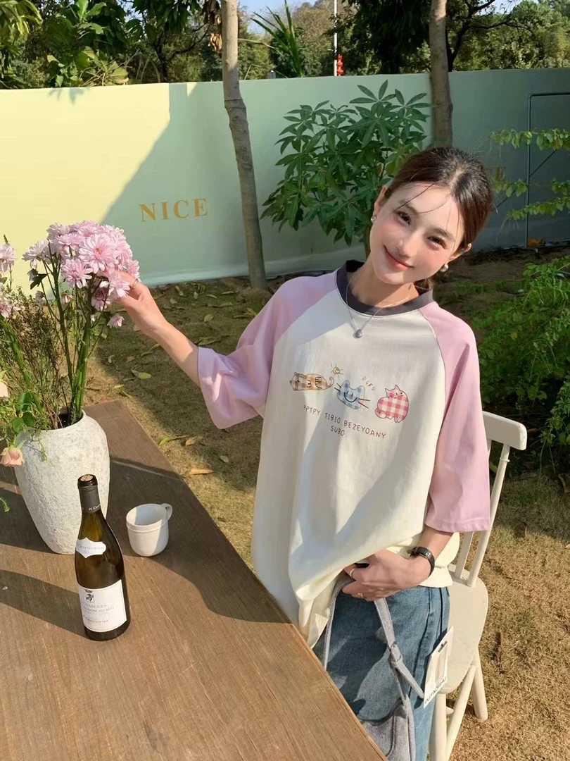 新疆包邮洋气创意粉嫩少女夏季宽松插肩短袖T恤002