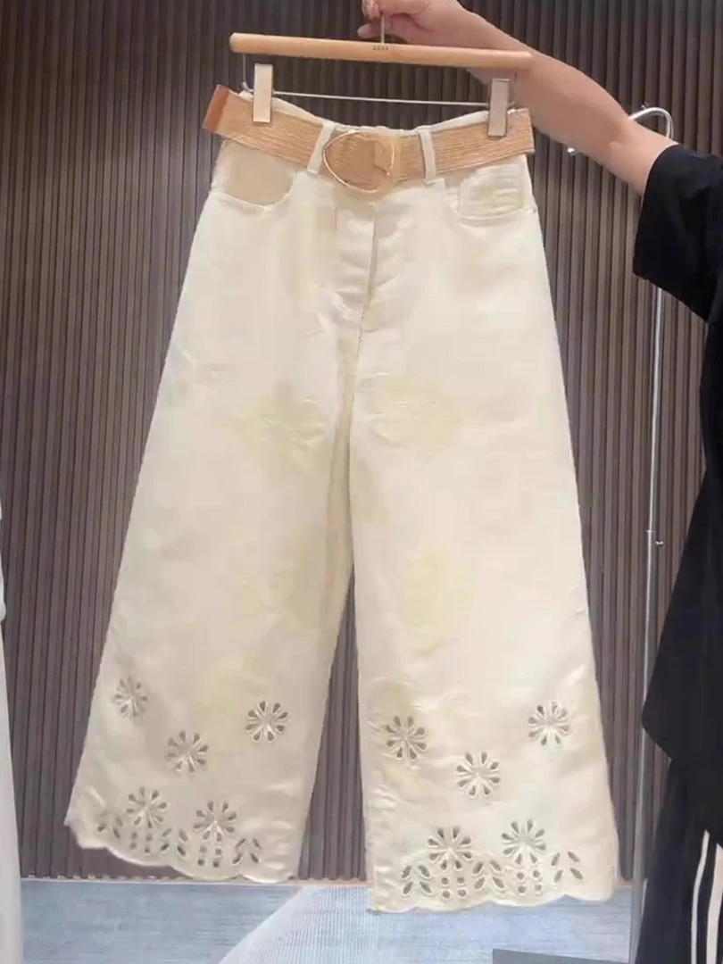 2025夏季薄款大码女装镂空提花阔腿牛仔裤梨形身材显瘦宽松八分裤