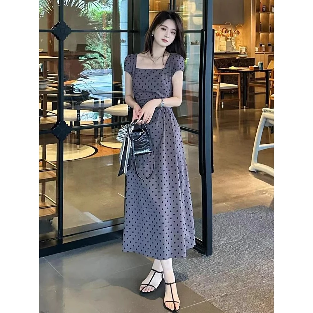 大码胖mm法式气质方领波点连衣裙女夏褶皱收腰显瘦气质长裙200斤