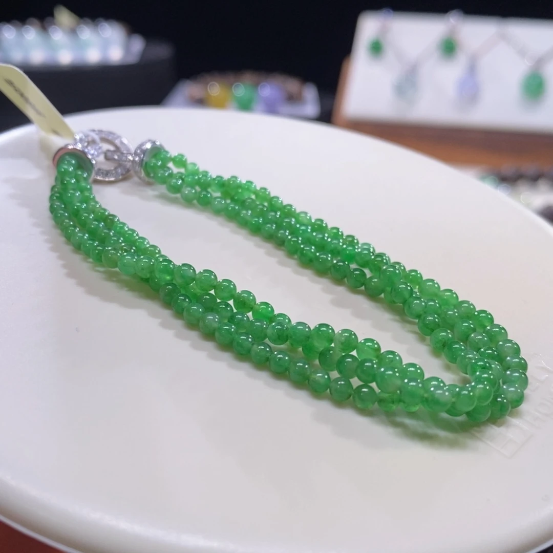 翡翠未镶嵌颈饰翡翠18K金冰满绿小米珠串