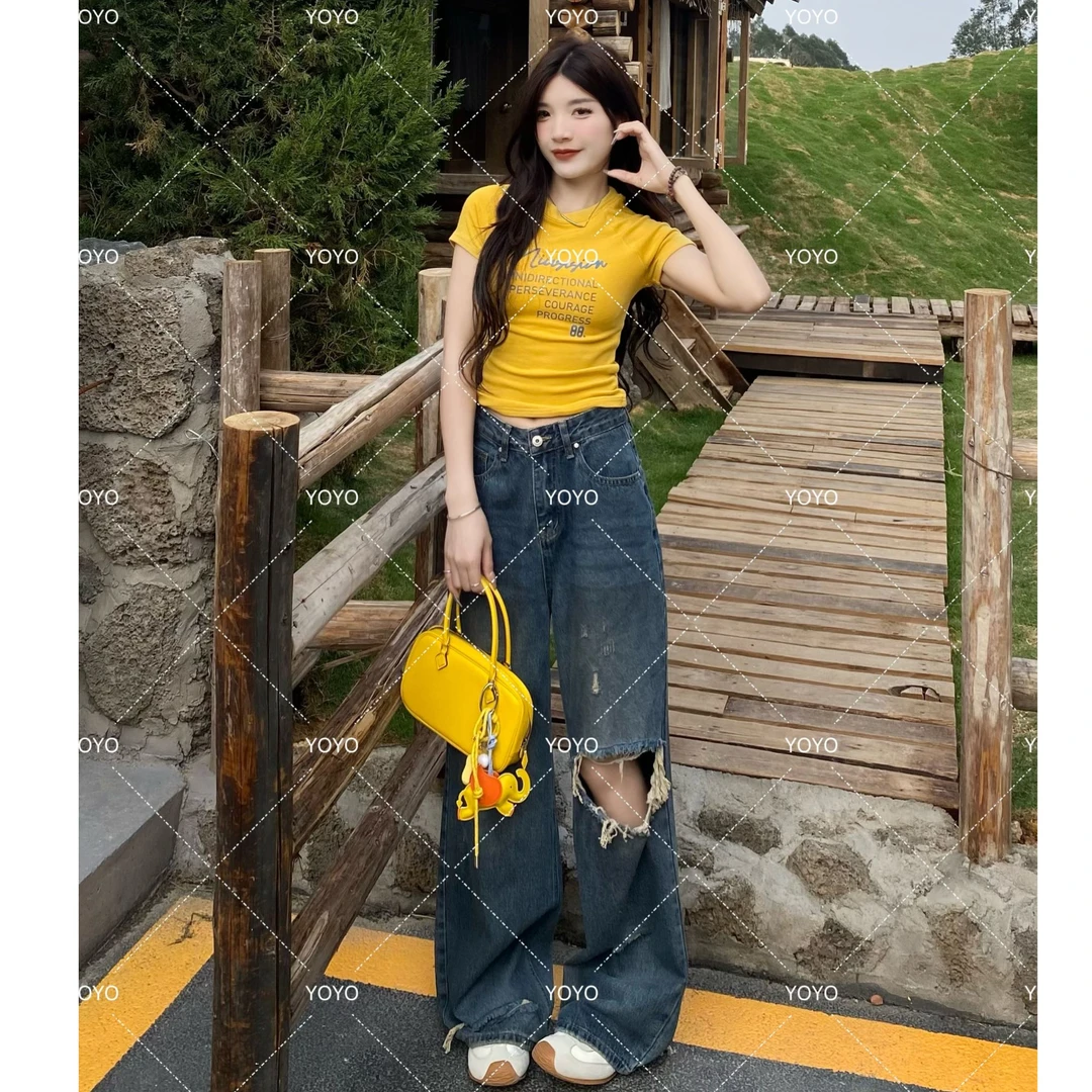 YOYO自制【裤脚也烂】春夏新款2025显瘦设计感破洞牛仔阔腿拖地裤