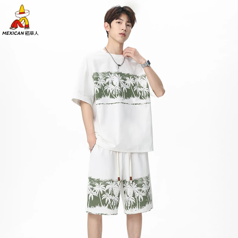 稻草人夏季潮流套装潮牌设计感印花美式高街休闲宽松百搭男女ins
