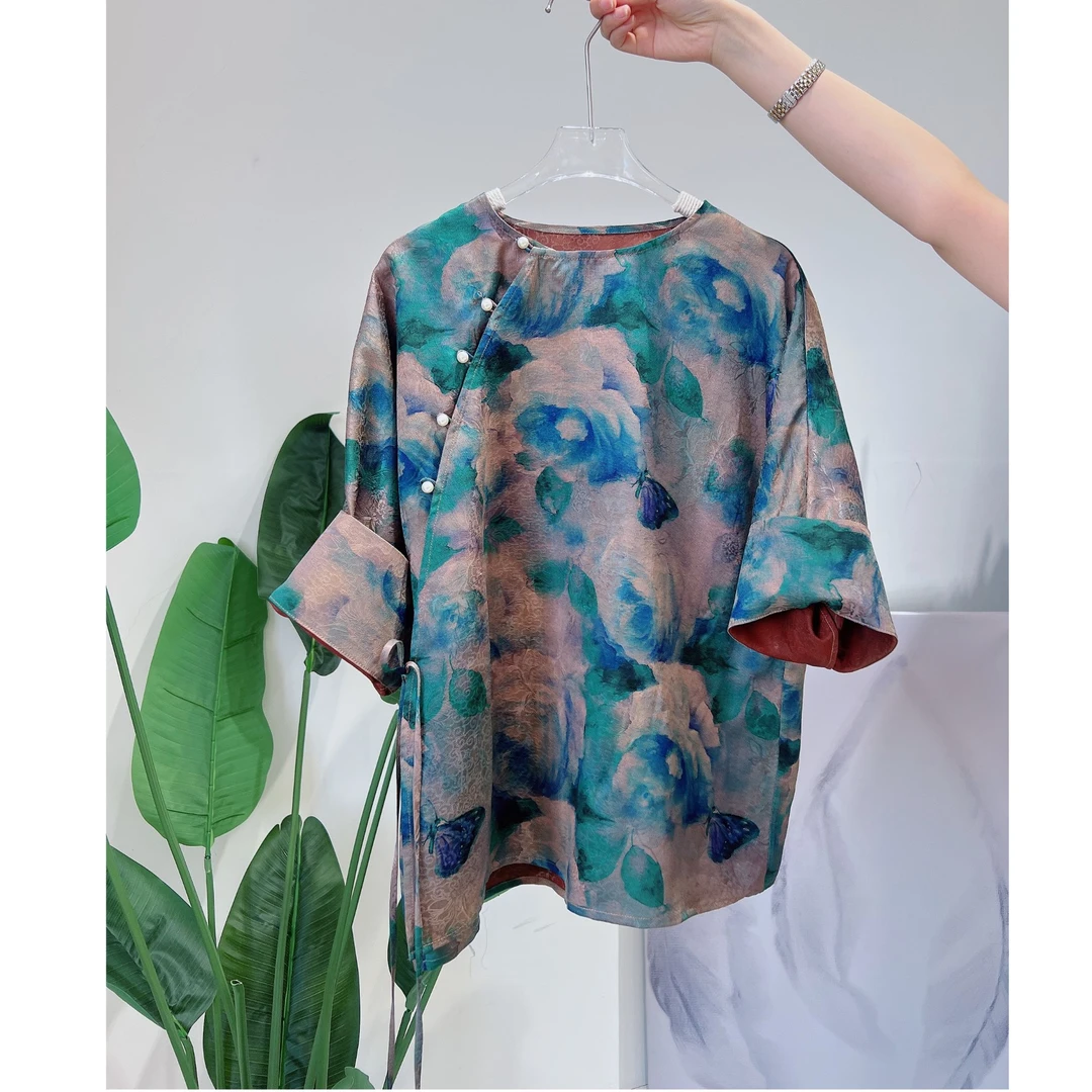 DY2309樱美嘉100桑蚕丝香云纱真丝提花花萝斜襟衬衫圆领上衣