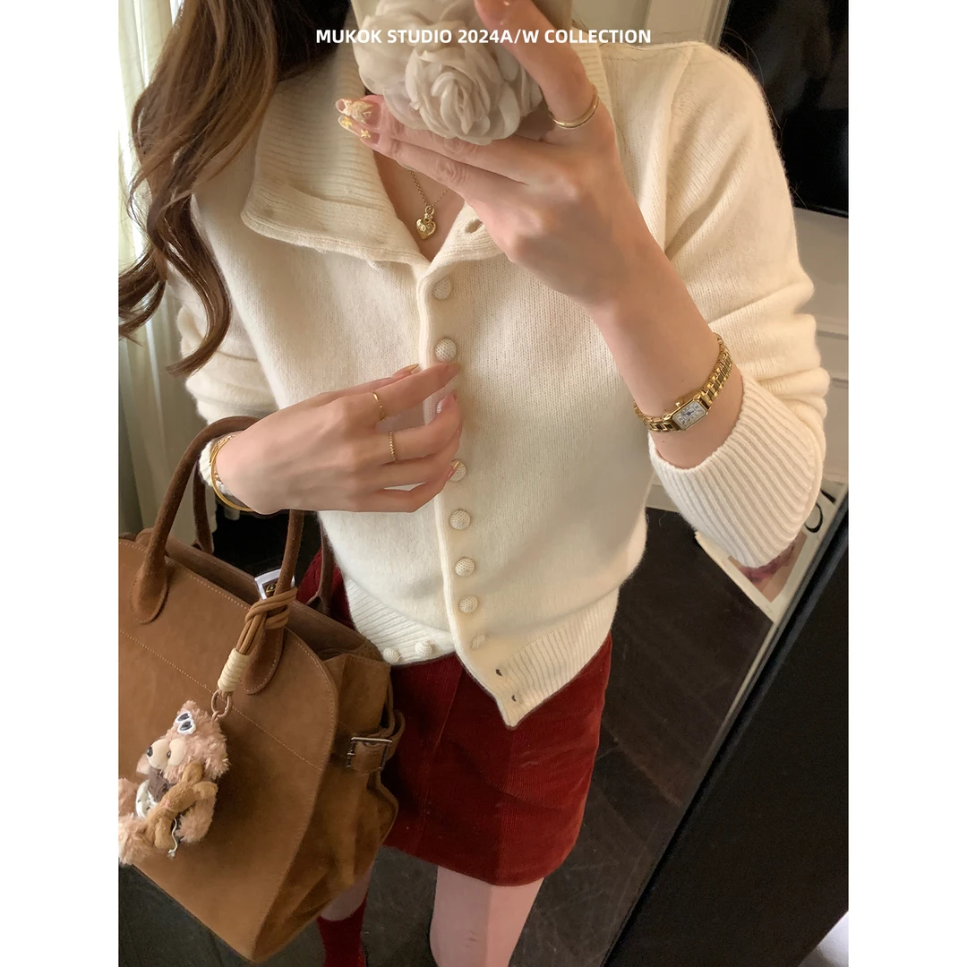 秋冬时髦洋气网红白色外穿立领毛衣打底针织衫女开衫内搭气质上衣