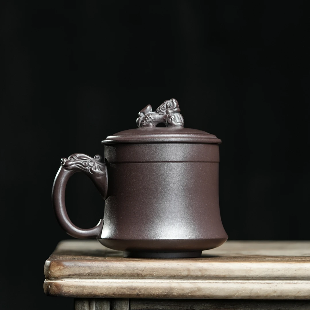 紫砂盖杯 卧虎藏龙 带把茶杯